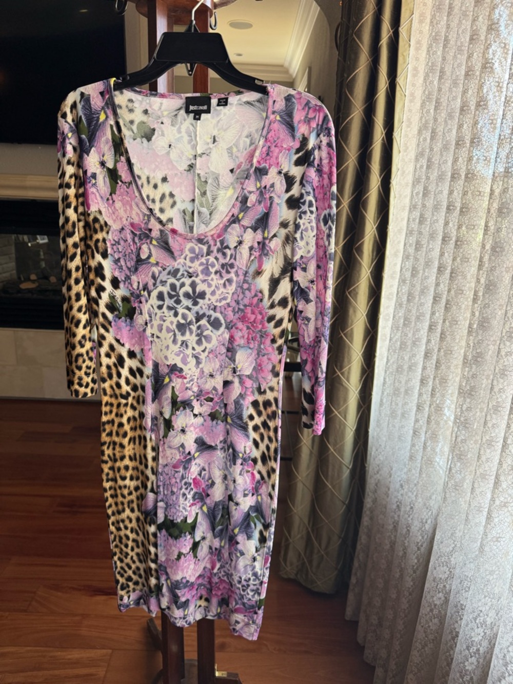 Just Cavalli Pink Floral and Leopard-Print Midi Dress